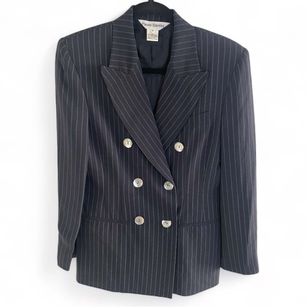 PAOLO SANTINI 99% Silk Blazer size 6 Buttons Navy Blue Pinstripe Suit Jacket VTG